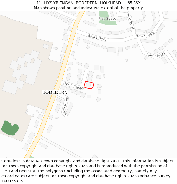 11, LLYS YR ENGAN, BODEDERN, HOLYHEAD, LL65 3SX: Location map and indicative extent of plot