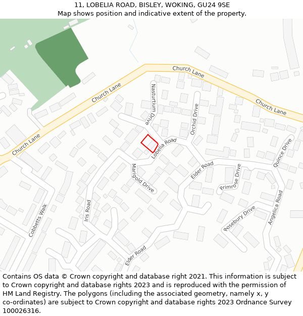 11, LOBELIA ROAD, BISLEY, WOKING, GU24 9SE: Location map and indicative extent of plot