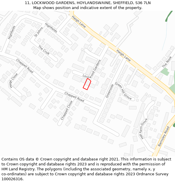 11, LOCKWOOD GARDENS, HOYLANDSWAINE, SHEFFIELD, S36 7LN: Location map and indicative extent of plot