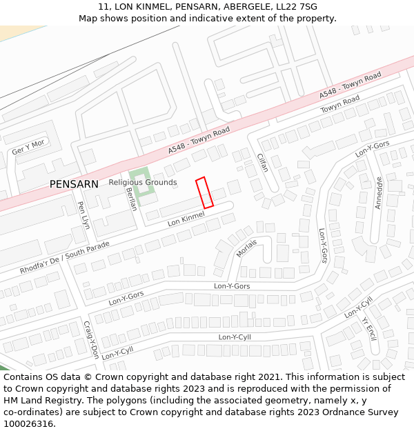 11, LON KINMEL, PENSARN, ABERGELE, LL22 7SG: Location map and indicative extent of plot