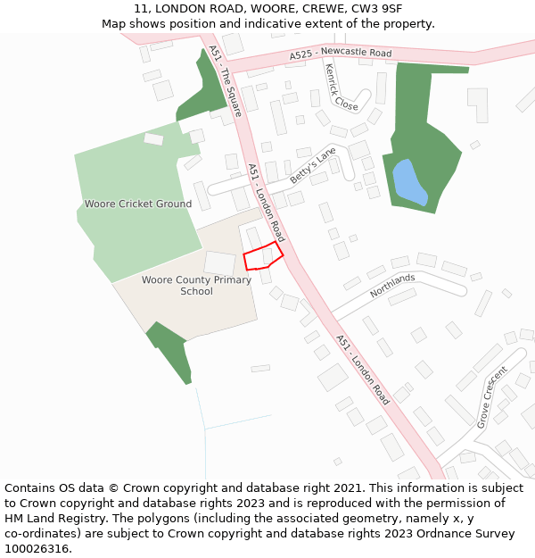 11, LONDON ROAD, WOORE, CREWE, CW3 9SF: Location map and indicative extent of plot