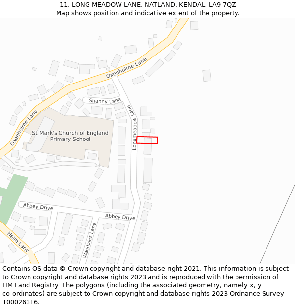 11, LONG MEADOW LANE, NATLAND, KENDAL, LA9 7QZ: Location map and indicative extent of plot