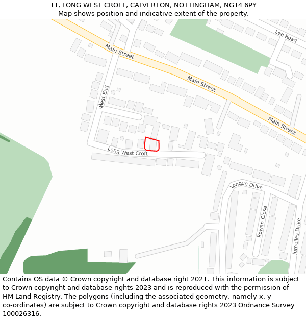 11, LONG WEST CROFT, CALVERTON, NOTTINGHAM, NG14 6PY: Location map and indicative extent of plot