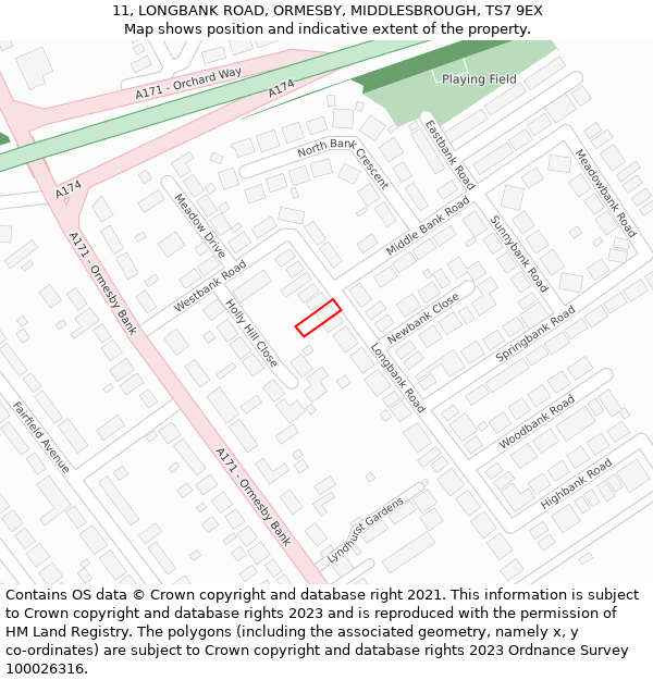 11, LONGBANK ROAD, ORMESBY, MIDDLESBROUGH, TS7 9EX: Location map and indicative extent of plot