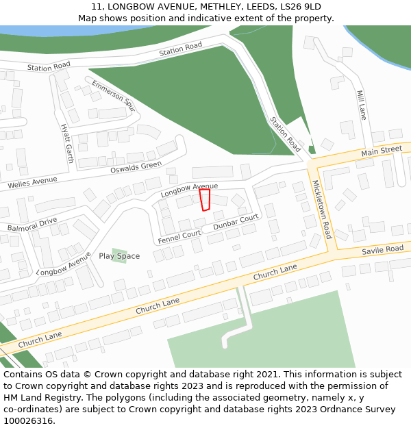 11, LONGBOW AVENUE, METHLEY, LEEDS, LS26 9LD: Location map and indicative extent of plot