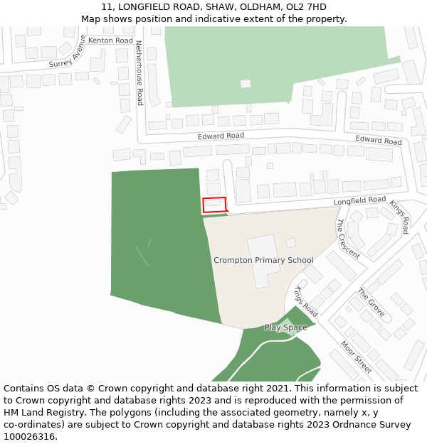 11, LONGFIELD ROAD, SHAW, OLDHAM, OL2 7HD: Location map and indicative extent of plot