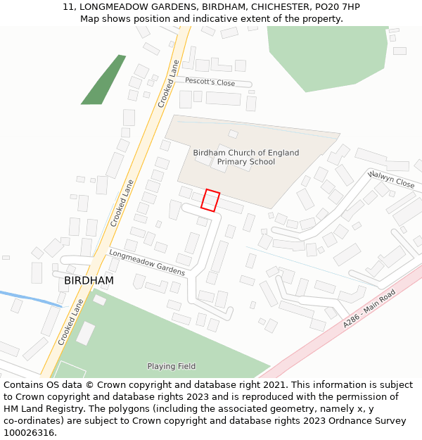 11, LONGMEADOW GARDENS, BIRDHAM, CHICHESTER, PO20 7HP: Location map and indicative extent of plot