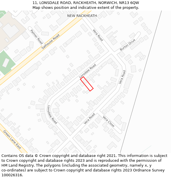 11, LONSDALE ROAD, RACKHEATH, NORWICH, NR13 6QW: Location map and indicative extent of plot