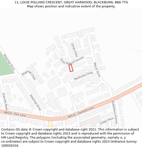 11, LOUIE POLLARD CRESCENT, GREAT HARWOOD, BLACKBURN, BB6 7TG: Location map and indicative extent of plot