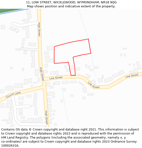 11, LOW STREET, WICKLEWOOD, WYMONDHAM, NR18 9QG: Location map and indicative extent of plot