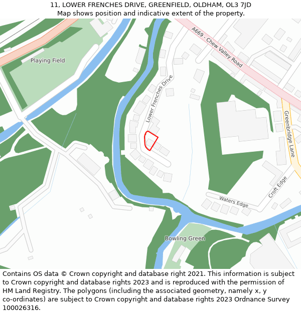 11, LOWER FRENCHES DRIVE, GREENFIELD, OLDHAM, OL3 7JD: Location map and indicative extent of plot