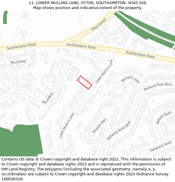 11, LOWER MULLINS LANE, HYTHE, SOUTHAMPTON, SO45 5AE: Location map and indicative extent of plot