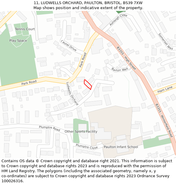 11, LUDWELLS ORCHARD, PAULTON, BRISTOL, BS39 7XW: Location map and indicative extent of plot