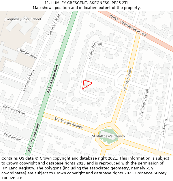 11, LUMLEY CRESCENT, SKEGNESS, PE25 2TL: Location map and indicative extent of plot