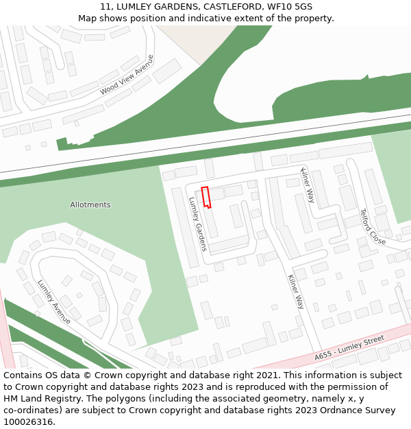 11, LUMLEY GARDENS, CASTLEFORD, WF10 5GS: Location map and indicative extent of plot