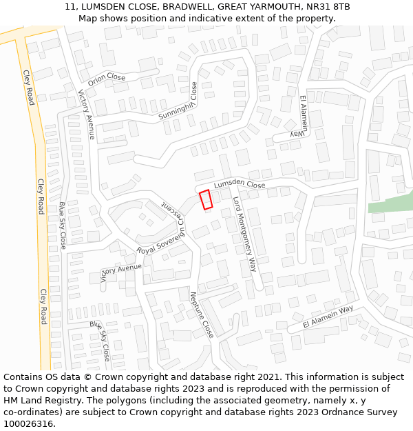 11, LUMSDEN CLOSE, BRADWELL, GREAT YARMOUTH, NR31 8TB: Location map and indicative extent of plot