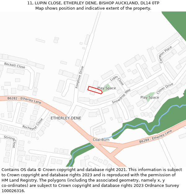 11, LUPIN CLOSE, ETHERLEY DENE, BISHOP AUCKLAND, DL14 0TP: Location map and indicative extent of plot