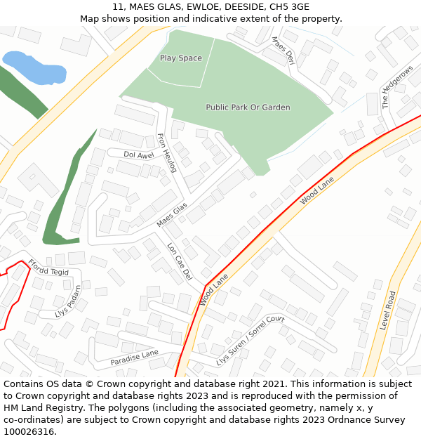 11, MAES GLAS, EWLOE, DEESIDE, CH5 3GE: Location map and indicative extent of plot