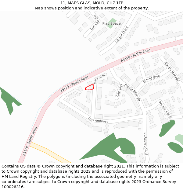 11, MAES GLAS, MOLD, CH7 1FP: Location map and indicative extent of plot