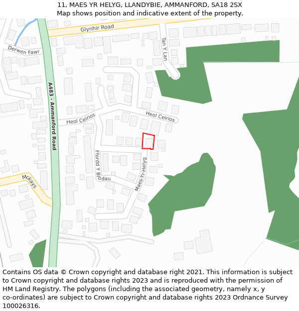 11, MAES YR HELYG, LLANDYBIE, AMMANFORD, SA18 2SX: Location map and indicative extent of plot