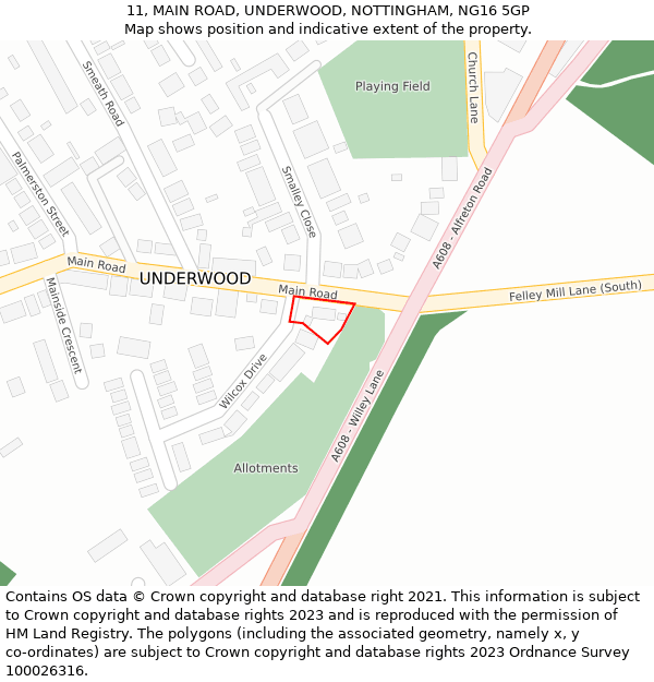 11, MAIN ROAD, UNDERWOOD, NOTTINGHAM, NG16 5GP: Location map and indicative extent of plot