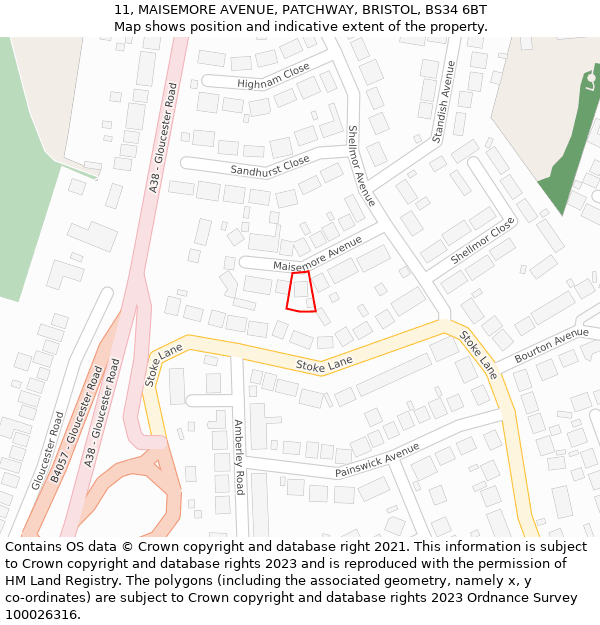 11, MAISEMORE AVENUE, PATCHWAY, BRISTOL, BS34 6BT: Location map and indicative extent of plot