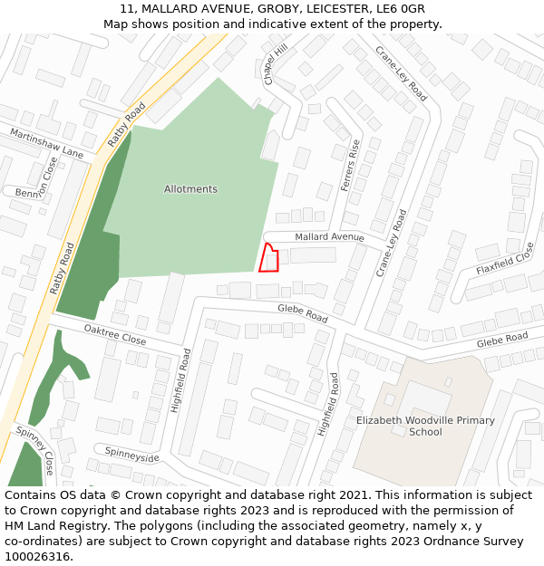 11, MALLARD AVENUE, GROBY, LEICESTER, LE6 0GR: Location map and indicative extent of plot