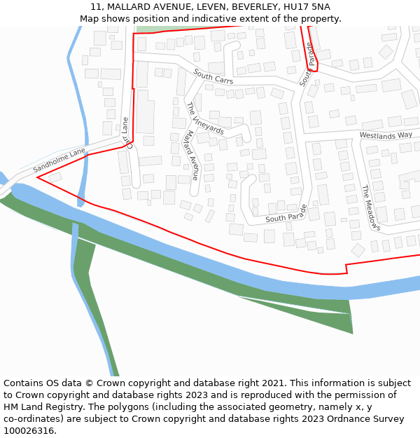 11, MALLARD AVENUE, LEVEN, BEVERLEY, HU17 5NA: Location map and indicative extent of plot