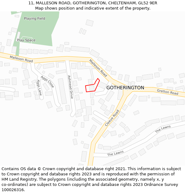 11, MALLESON ROAD, GOTHERINGTON, CHELTENHAM, GL52 9ER: Location map and indicative extent of plot