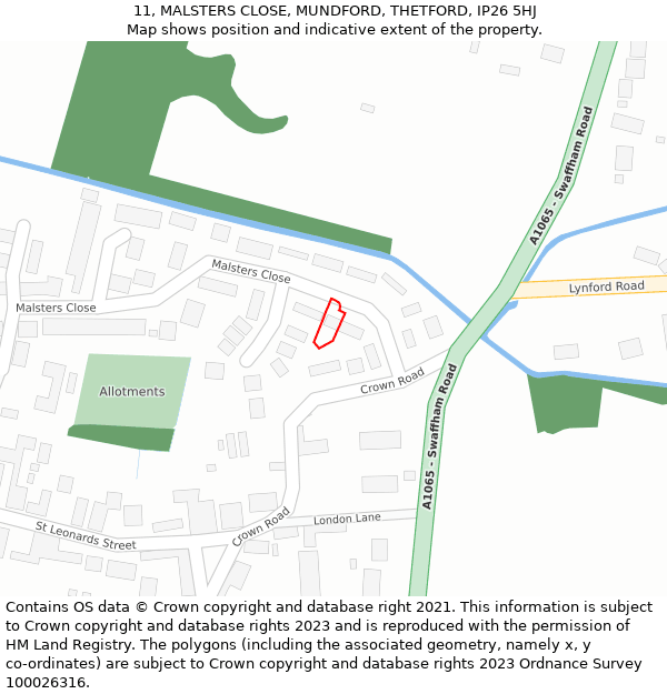 11, MALSTERS CLOSE, MUNDFORD, THETFORD, IP26 5HJ: Location map and indicative extent of plot