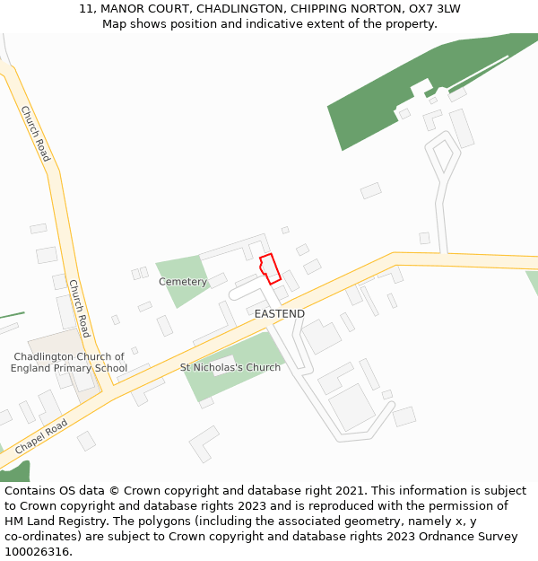 11, MANOR COURT, CHADLINGTON, CHIPPING NORTON, OX7 3LW: Location map and indicative extent of plot