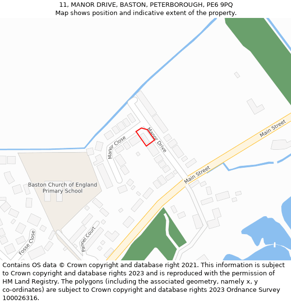 11, MANOR DRIVE, BASTON, PETERBOROUGH, PE6 9PQ: Location map and indicative extent of plot
