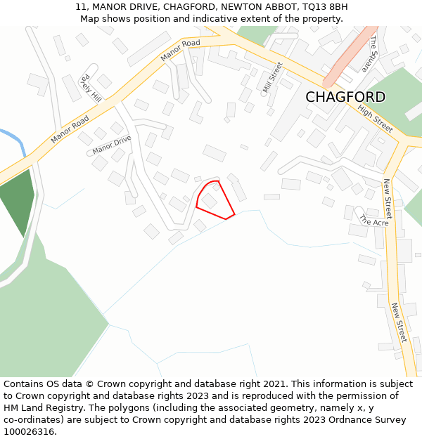 11, MANOR DRIVE, CHAGFORD, NEWTON ABBOT, TQ13 8BH: Location map and indicative extent of plot