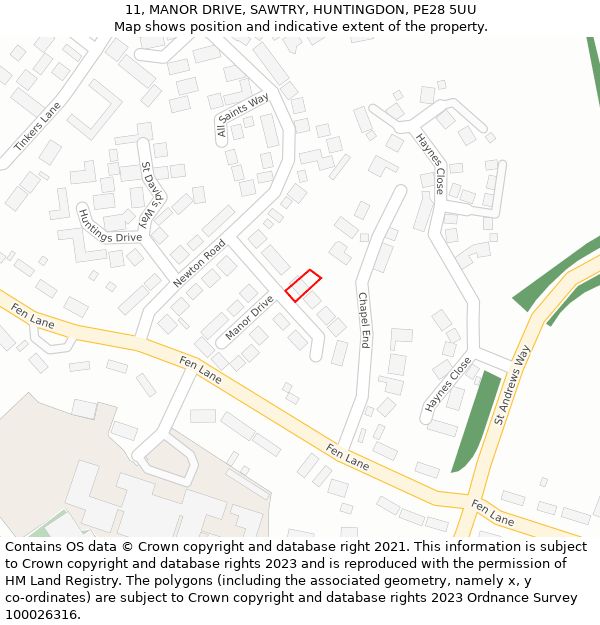 11, MANOR DRIVE, SAWTRY, HUNTINGDON, PE28 5UU: Location map and indicative extent of plot