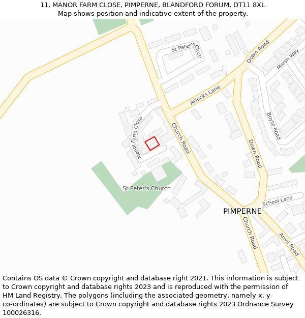 11, MANOR FARM CLOSE, PIMPERNE, BLANDFORD FORUM, DT11 8XL: Location map and indicative extent of plot