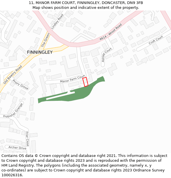 11, MANOR FARM COURT, FINNINGLEY, DONCASTER, DN9 3FB: Location map and indicative extent of plot