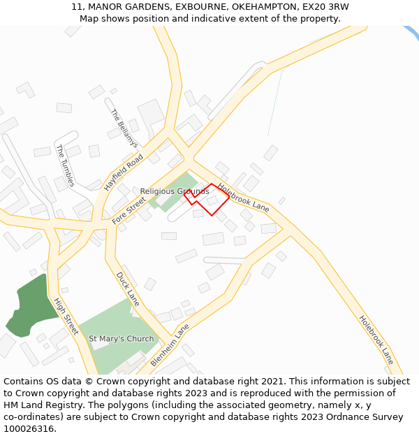 11, MANOR GARDENS, EXBOURNE, OKEHAMPTON, EX20 3RW: Location map and indicative extent of plot