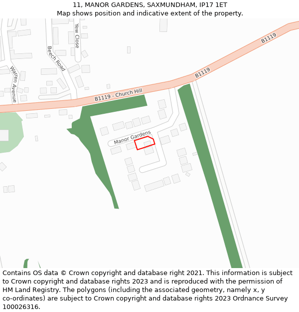 11, MANOR GARDENS, SAXMUNDHAM, IP17 1ET: Location map and indicative extent of plot