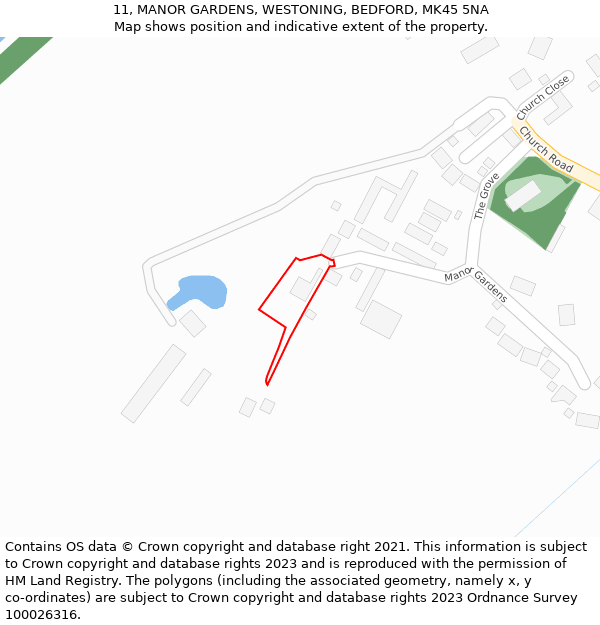 11, MANOR GARDENS, WESTONING, BEDFORD, MK45 5NA: Location map and indicative extent of plot