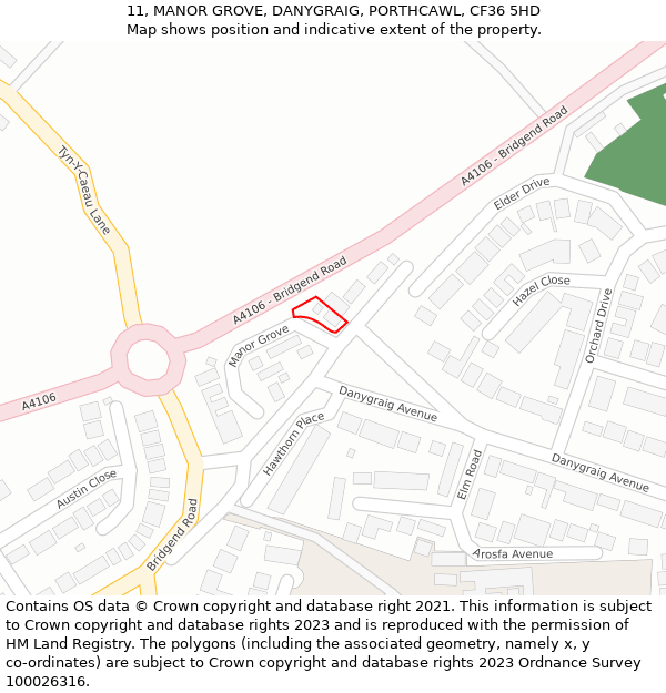 11, MANOR GROVE, DANYGRAIG, PORTHCAWL, CF36 5HD: Location map and indicative extent of plot