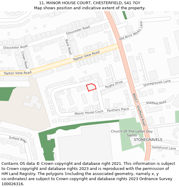 11, MANOR HOUSE COURT, CHESTERFIELD, S41 7GY: Location map and indicative extent of plot