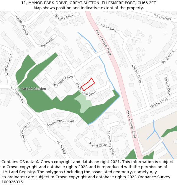 11, MANOR PARK DRIVE, GREAT SUTTON, ELLESMERE PORT, CH66 2ET: Location map and indicative extent of plot