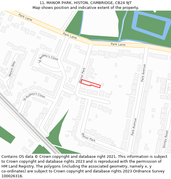 11, MANOR PARK, HISTON, CAMBRIDGE, CB24 9JT: Location map and indicative extent of plot