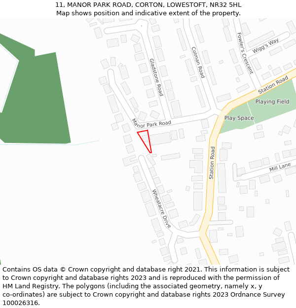 11, MANOR PARK ROAD, CORTON, LOWESTOFT, NR32 5HL: Location map and indicative extent of plot