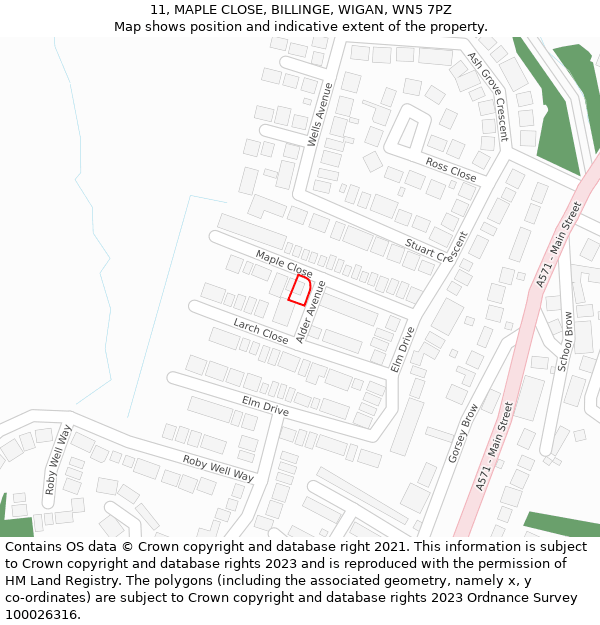 11, MAPLE CLOSE, BILLINGE, WIGAN, WN5 7PZ: Location map and indicative extent of plot