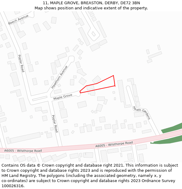 11, MAPLE GROVE, BREASTON, DERBY, DE72 3BN: Location map and indicative extent of plot