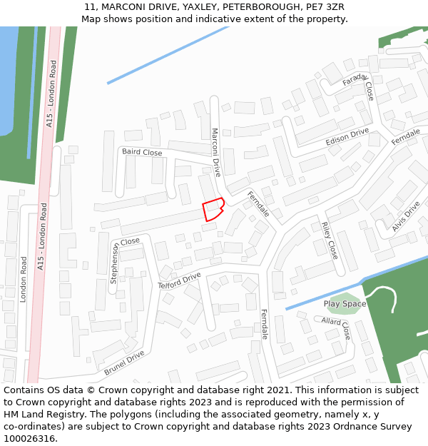 11, MARCONI DRIVE, YAXLEY, PETERBOROUGH, PE7 3ZR: Location map and indicative extent of plot