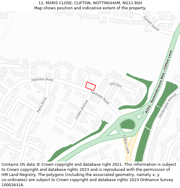 11, MARIS CLOSE, CLIFTON, NOTTINGHAM, NG11 8SH: Location map and indicative extent of plot