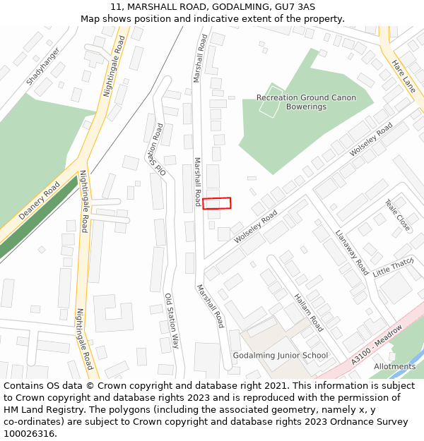 11, MARSHALL ROAD, GODALMING, GU7 3AS: Location map and indicative extent of plot