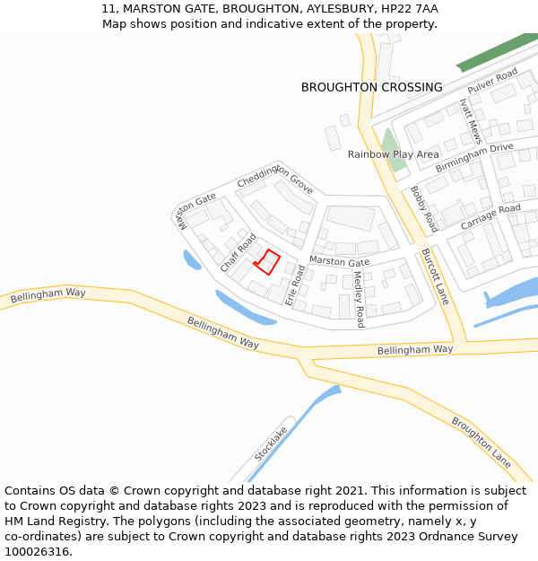 11, MARSTON GATE, BROUGHTON, AYLESBURY, HP22 7AA: Location map and indicative extent of plot
